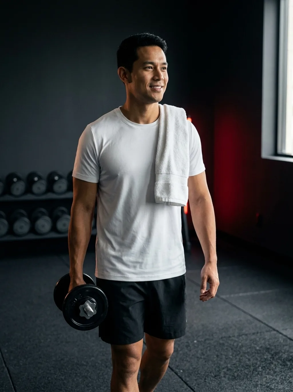 Atleta caminhando com dumbbell emborrachado em academia equipada pela Max Force
