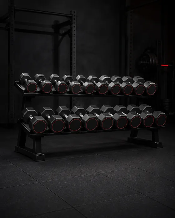 Rack com fila de halteres emborrachados Max Force